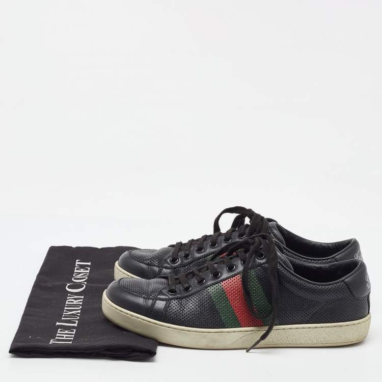 Pre Owned Gucci Black Perforated Leather Web Detail Low Top Sneakers Size 40