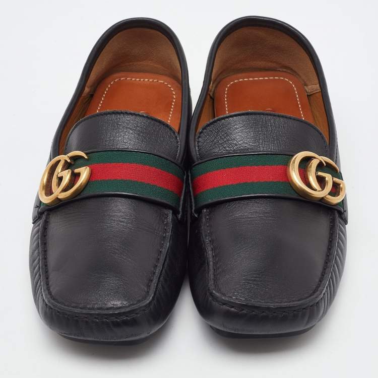 Pre Owned Gucci Black Leather GG Marmont Web Detail Slip On Loafers Size 38.5