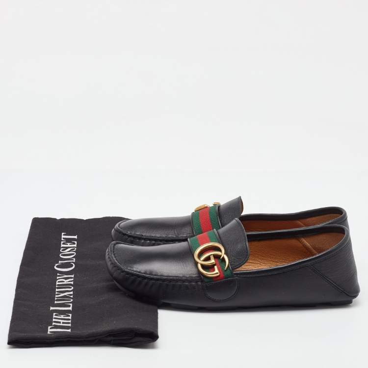 Pre Owned Gucci Black Leather GG Marmont Web Detail Slip On Loafers Size 38.5