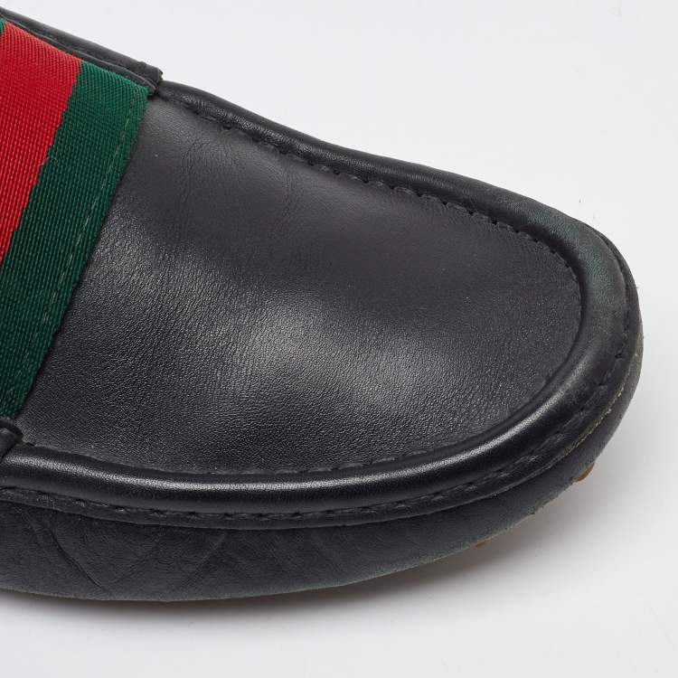 Pre Owned Gucci Black Leather Web Detail Slip On Loafers Size 39.5