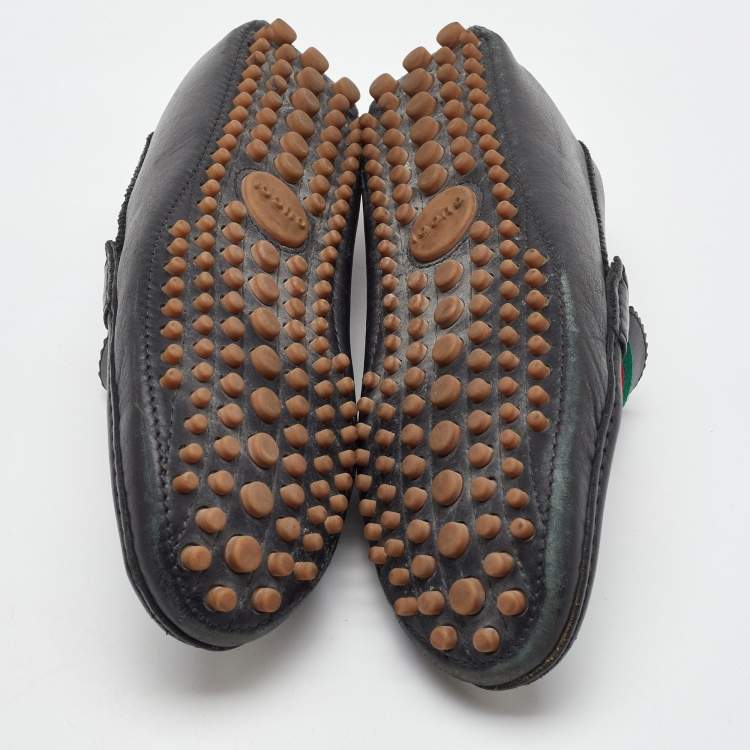 Pre Owned Gucci Black Leather Web Detail Slip On Loafers Size 39.5