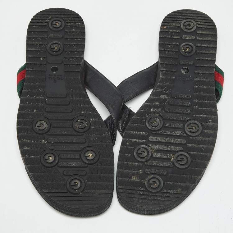 مملوكة مسبقًا Gucci Black GG Leather Web Detail Thong Flat Sandals Size 44