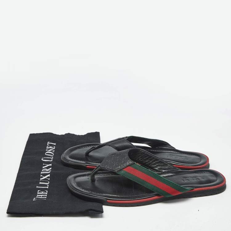 مملوكة مسبقًا Gucci Black GG Leather Web Detail Thong Flat Sandals Size 44