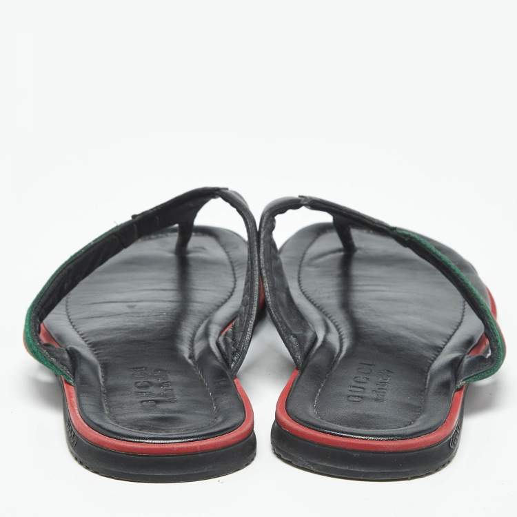 مملوكة مسبقًا Gucci Black GG Leather Web Detail Thong Flat Sandals Size 44