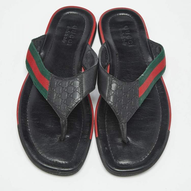 مملوكة مسبقًا Gucci Black GG Leather Web Detail Thong Flat Sandals Size 44