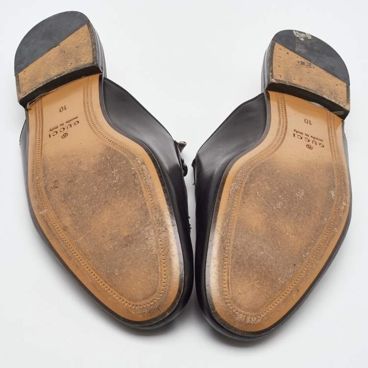 مملوكة مسبقًا Gucci Black Leather Tiger Embroidered Princetown Horsebit Flat Mules Size 44