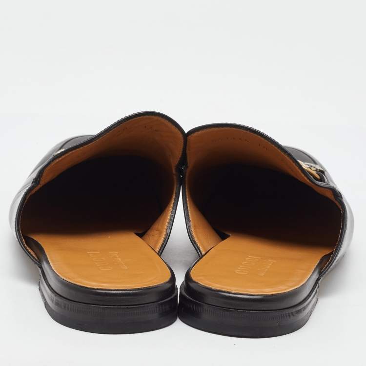 مملوكة مسبقًا Gucci Black Leather Tiger Embroidered Princetown Horsebit Flat Mules Size 44