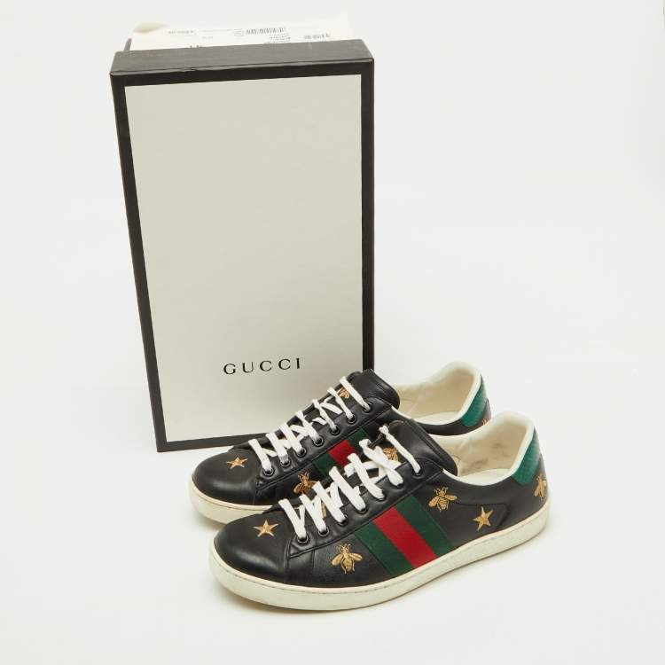 Pre Owned Gucci Black Leather Bee and Star Embroidered Ace Low Top Sneakers Size 41