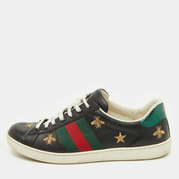 Pre Owned Gucci Black Leather Bee and Star Embroidered Ace Low Top Sneakers Size 41