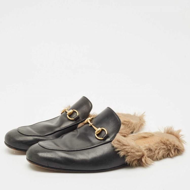 Pre Owned Gucci Black Leather and Fur Princetown Flat Mules Size 45