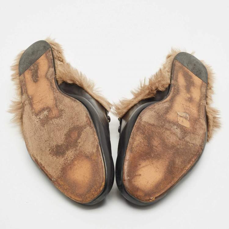 Pre Owned Gucci Black Leather and Fur Princetown Flat Mules Size 45