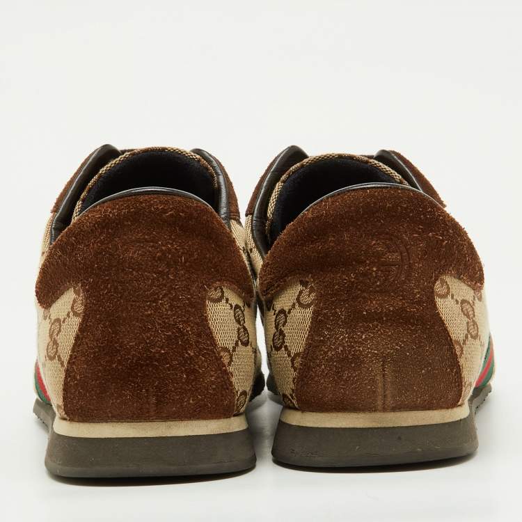 Pre Owned Gucci Beige/Brown GG Canvas and Suede Web Low Top Sneakers Size 45
