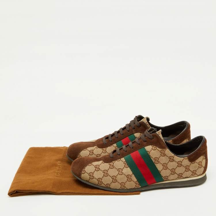 Pre Owned Gucci Beige/Brown GG Canvas and Suede Web Low Top Sneakers Size 45