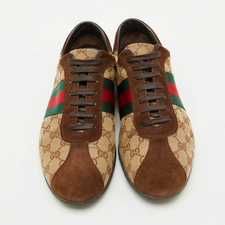Pre Owned Gucci Beige/Brown GG Canvas and Suede Web Low Top Sneakers Size 45