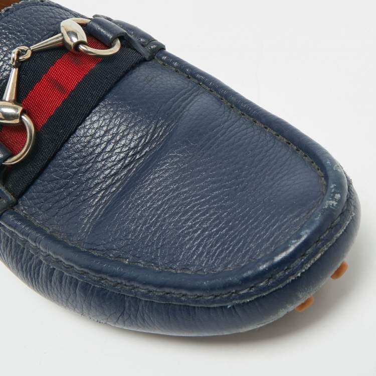 Pre Owned Gucci Navy Blue Leather Horsebit Loafers Size 40