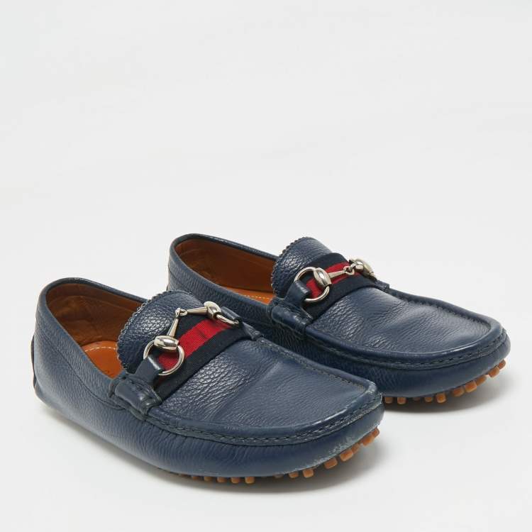 Pre Owned Gucci Navy Blue Leather Horsebit Loafers Size 40