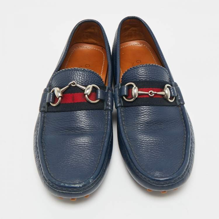 Pre Owned Gucci Navy Blue Leather Horsebit Loafers Size 40