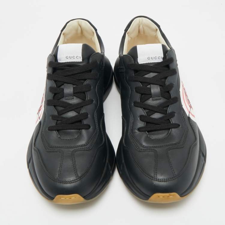 Pre Owned Gucci Black Leather Rhyton Logo Low Top Sneakers Size 43