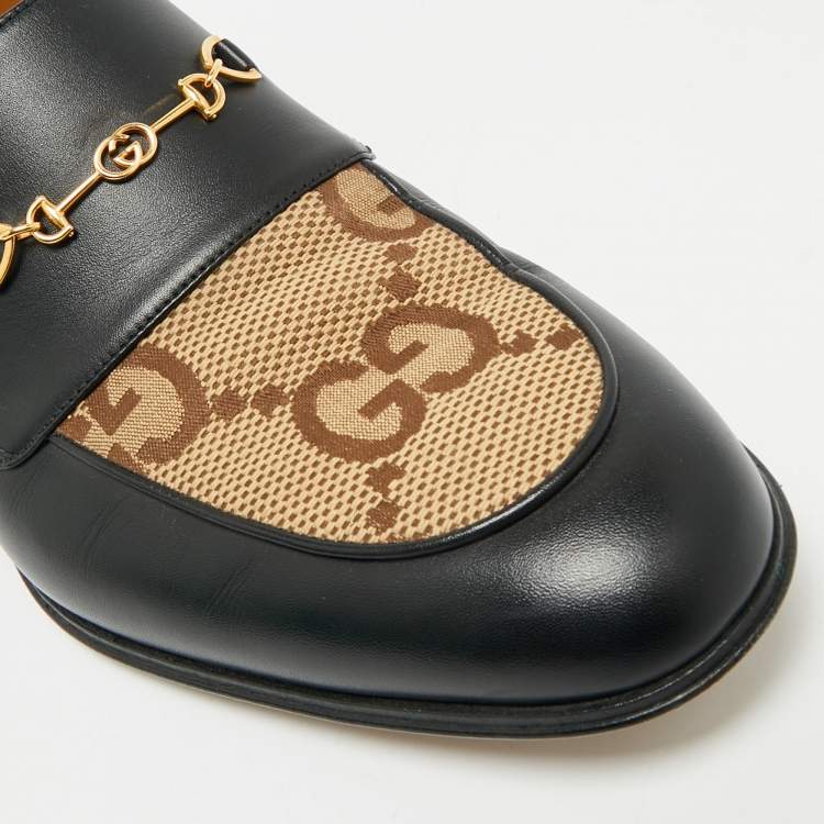 Pre Owned Gucci Brown/Black Leather and Macro GG Canvas Jakarta Loafers Size 41.5