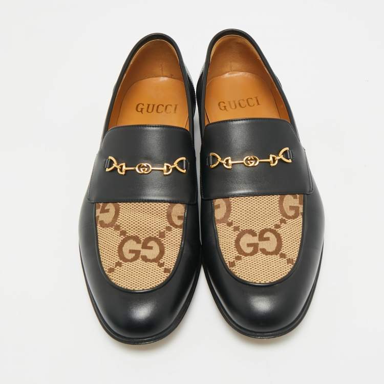 Pre Owned Gucci Brown/Black Leather and Macro GG Canvas Jakarta Loafers Size 41.5