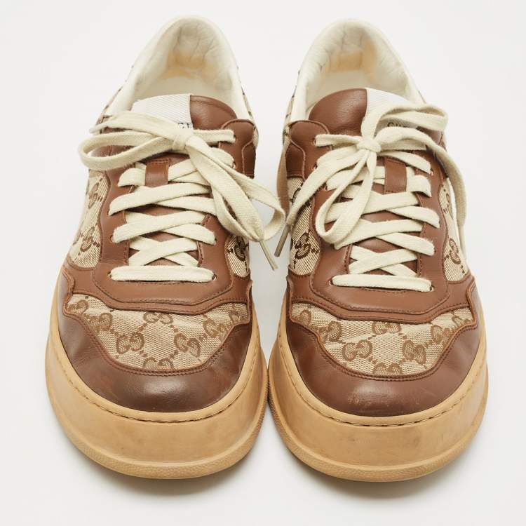 Pre Owned Gucci Beige/Brown GG Canvas and Leather Chunky B Sneakers Size 42.5