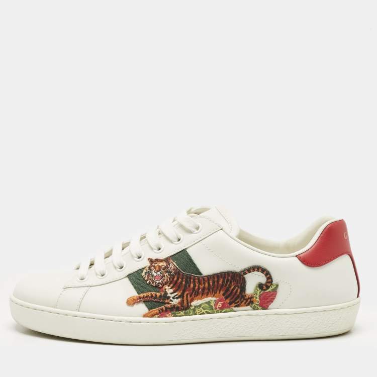 Pre Owned Gucci White Leather Ace Web Tiger Embroidered Low Top Sneakers Size 41.5