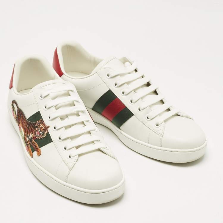 Pre Owned Gucci White Leather Ace Web Tiger Embroidered Low Top Sneakers Size 41.5