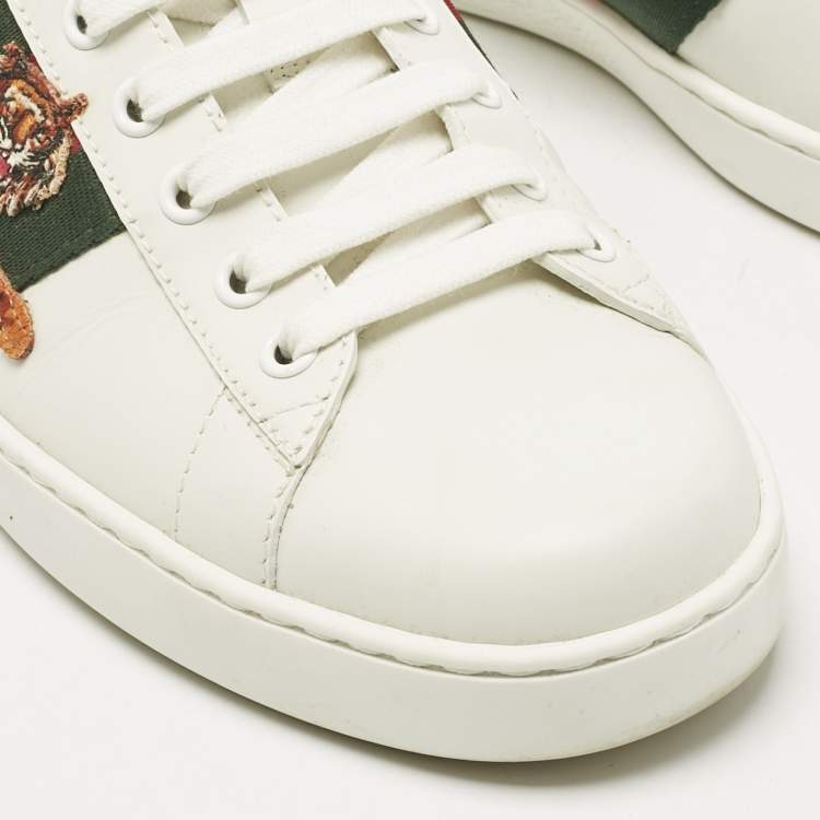 Pre Owned Gucci White Leather Ace Web Tiger Embroidered Low Top Sneakers Size 41.5