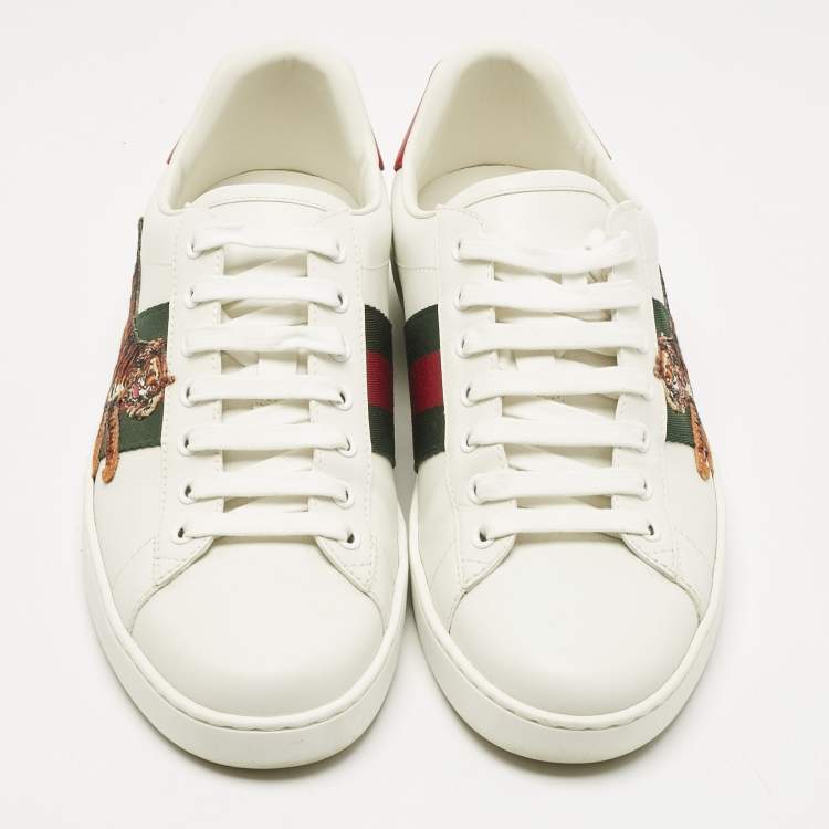 Pre Owned Gucci White Leather Ace Web Tiger Embroidered Low Top Sneakers Size 41.5
