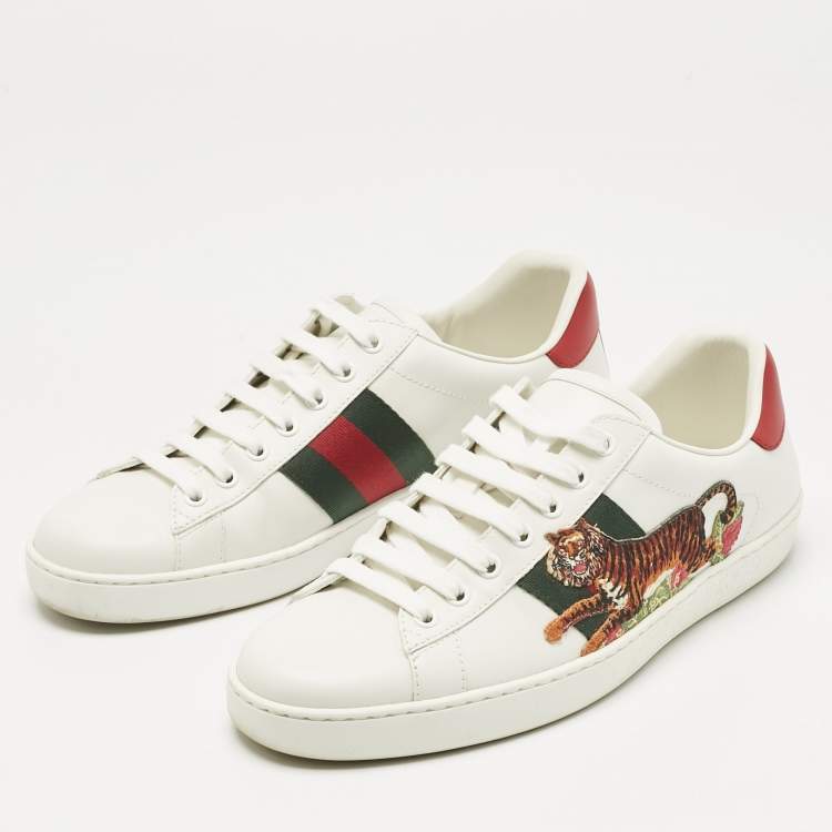 Pre Owned Gucci White Leather Ace Web Tiger Embroidered Low Top Sneakers Size 41.5