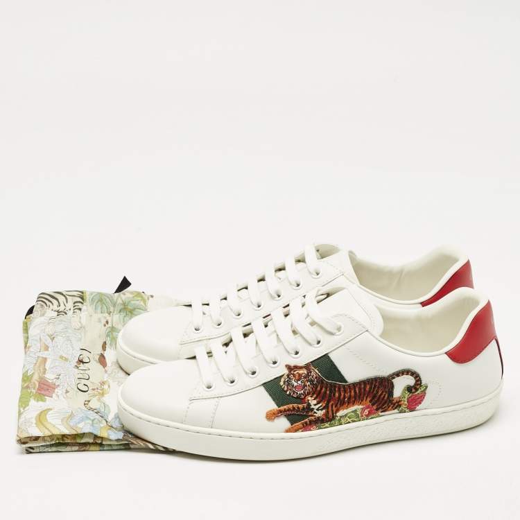 Pre Owned Gucci White Leather Ace Web Tiger Embroidered Low Top Sneakers Size 41.5