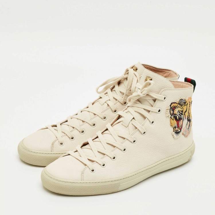 Pre Owned Gucci Cream Leather Tiger Embroidered High Top Sneakers Size 43.5