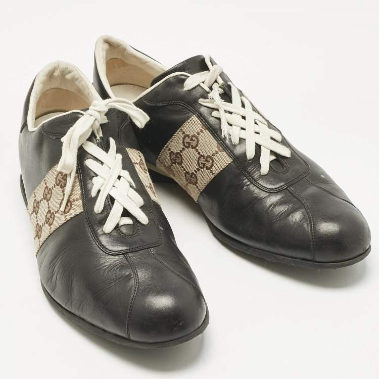 Pre Owned Gucci Beige/Black Leather and Canvas Tennis Low Top Sneakers Size 45