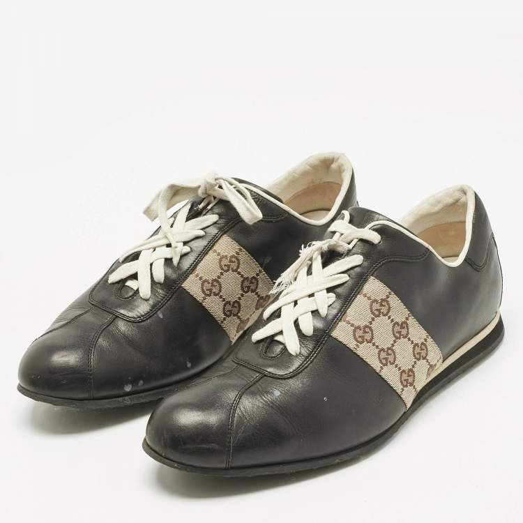 Pre Owned Gucci Beige/Black Leather and Canvas Tennis Low Top Sneakers Size 45
