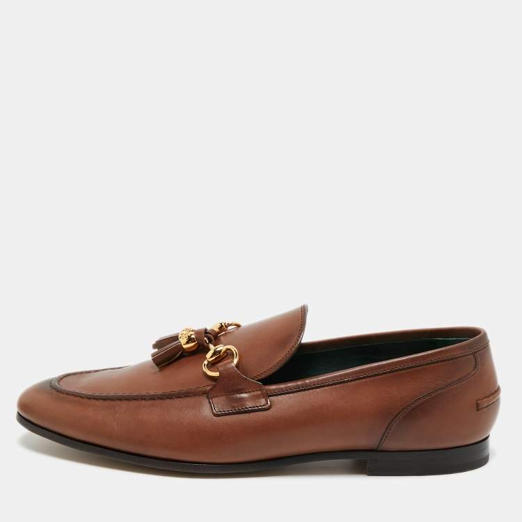Pre Owned Gucci Brown Leather Jordaan Tassel Loafers Size 45