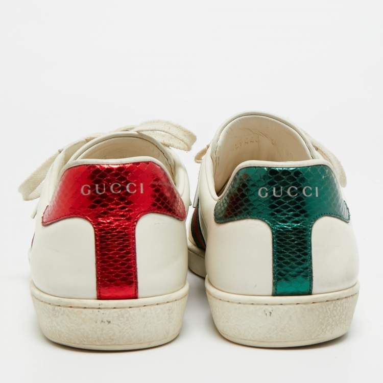 Pre Owned Gucci White Leather And Python Embossed Leather Ace Low Top Sneakers Size 42
