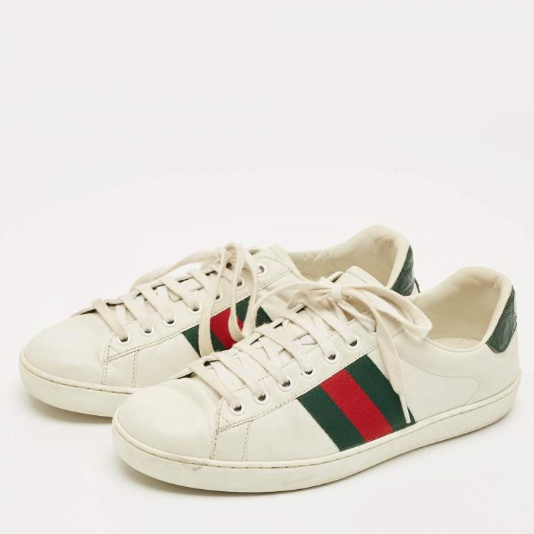 Pre Owned Gucci White Crocodile Leather and Leather Ace Lace Up Sneakers Size 40
