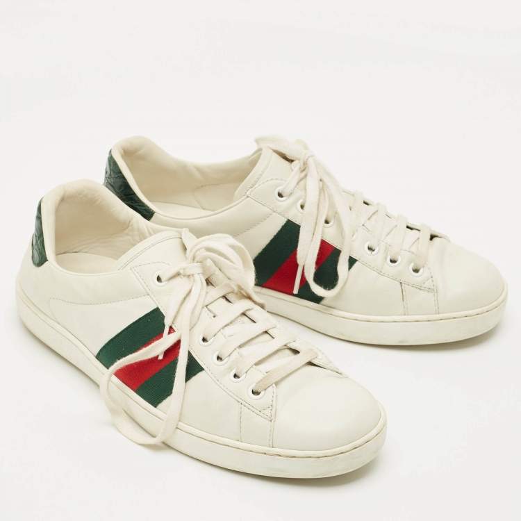 Pre Owned Gucci White Crocodile Leather and Leather Ace Lace Up Sneakers Size 40