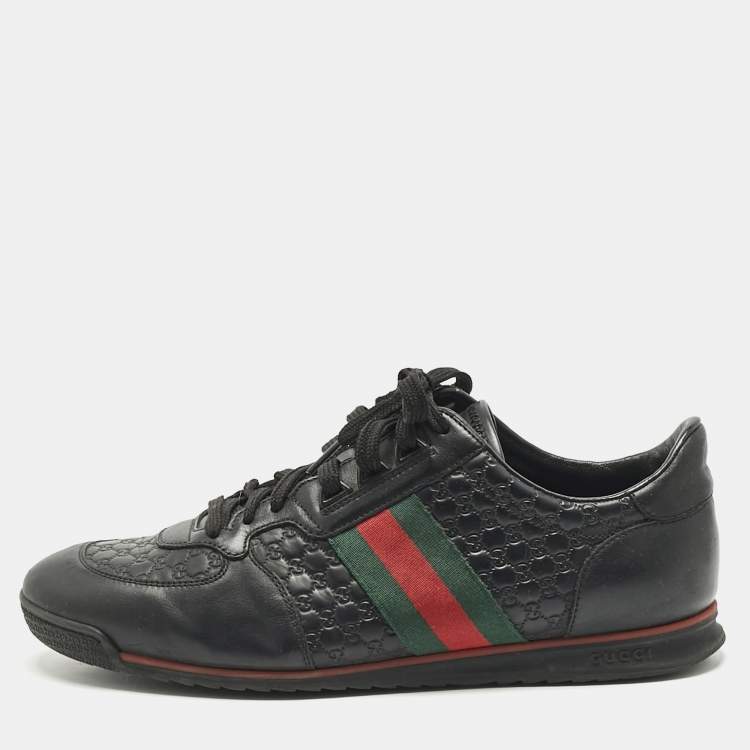 Pre Owned Gucci Black Guccissima Leather Web Low Top Sneakers Size 43