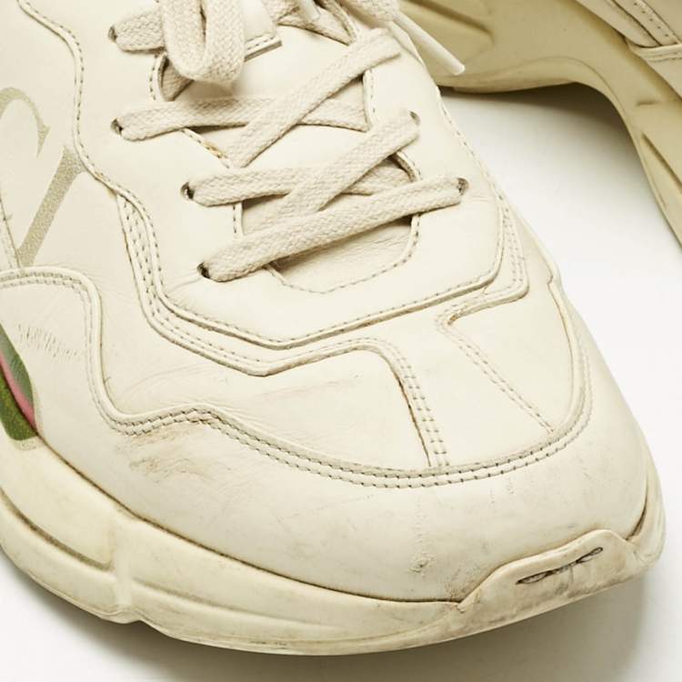Pre Owned Gucci Cream Leather Rhyton Lace Up Sneakers Size 43.5