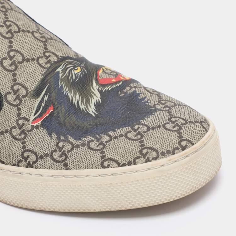Pre Owned Gucci Beige/Black Tiger Print GG Supreme Canvas and Leather Slip On Sneakers Size 42.5