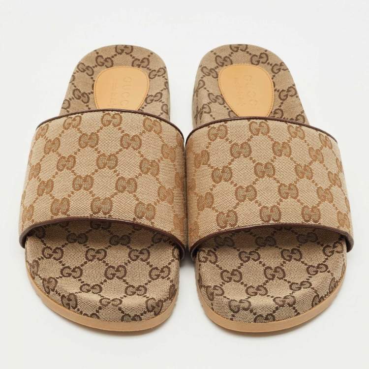 Pre Owned Gucci Brown/Burgundy GG Canvas and Leather Flat Slides Size 43