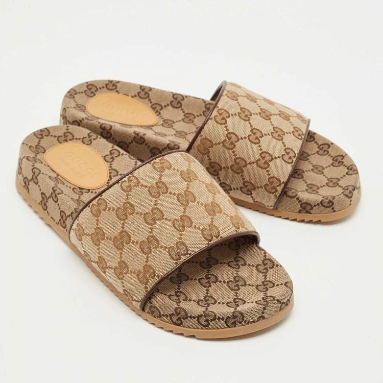 Pre Owned Gucci Brown/Burgundy GG Canvas and Leather Flat Slides Size 43