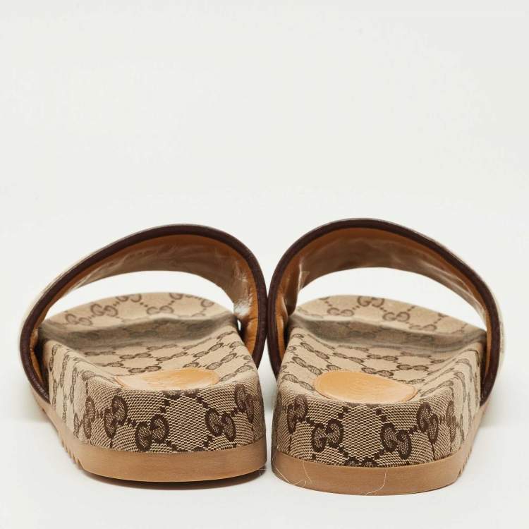Pre Owned Gucci Brown/Burgundy GG Canvas and Leather Flat Slides Size 43