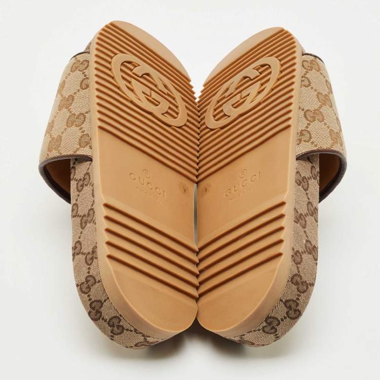 Pre Owned Gucci Brown/Burgundy GG Canvas and Leather Flat Slides Size 43