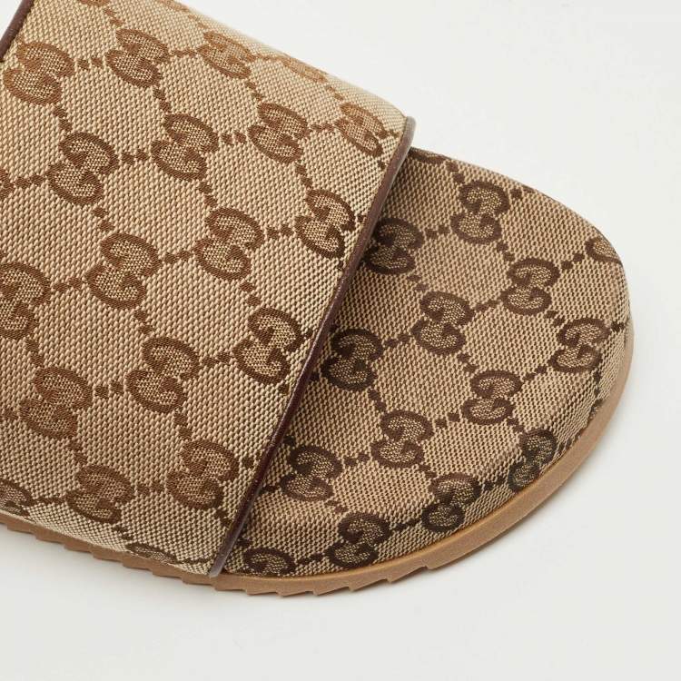 Pre Owned Gucci Brown/Burgundy GG Canvas and Leather Flat Slides Size 43