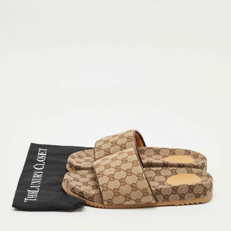 Pre Owned Gucci Brown/Burgundy GG Canvas and Leather Flat Slides Size 43