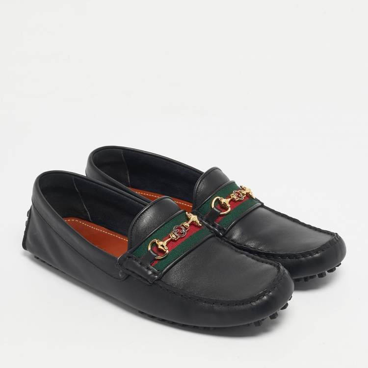 Pre Owned Gucci Black Leather Horsebit Web Detail Driver Loafers Size 42.5