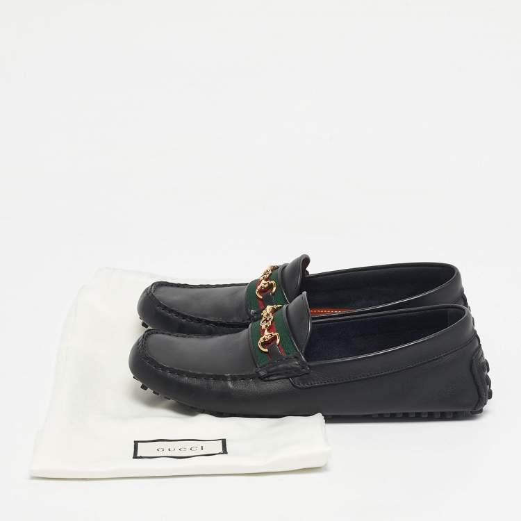 Pre Owned Gucci Black Leather Horsebit Web Detail Driver Loafers Size 42.5