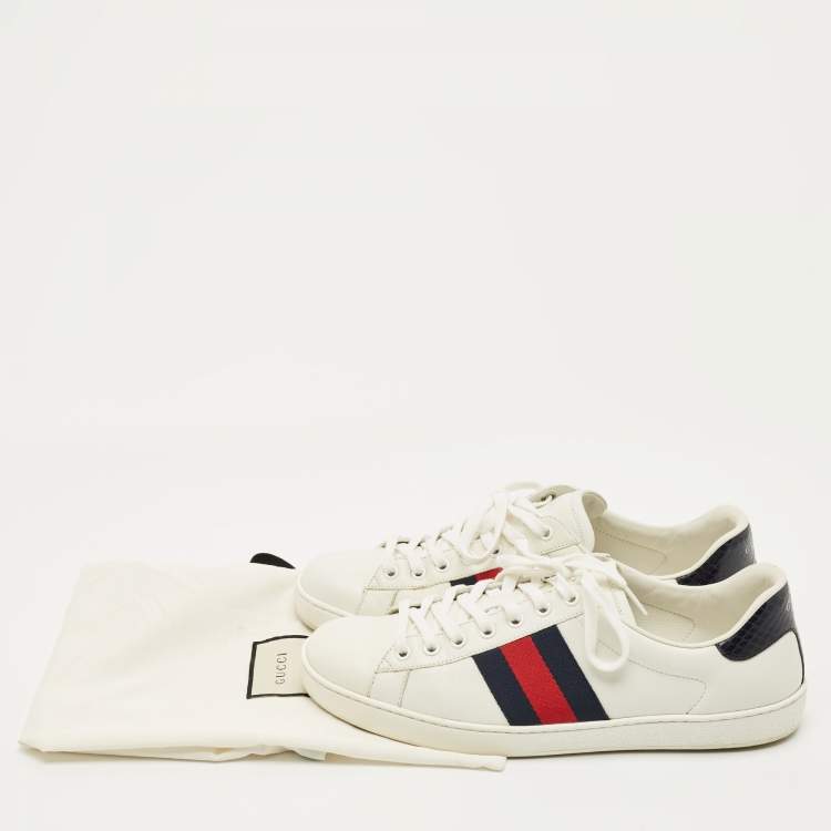 Pre Owned Gucci White Leather and Python Embossed Leather Web Ace Lace Up Sneakers Size 42.5